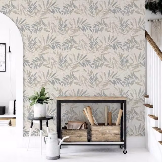 Nordara Leaf Hessian Textured Botanical Wallpaper in Natural Grey