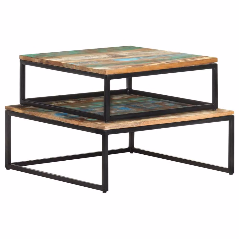 Berkfield Home Nesting Coffee Tables, 2 Piece Set in Brown Reclaimed Wood and Black Metal – 2