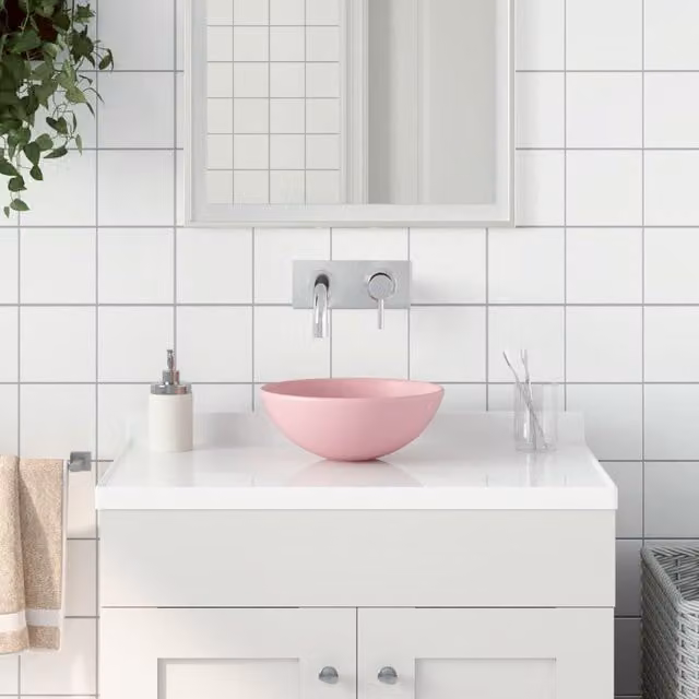 Berkfield Home Round Ceramic Countertop Bathroom Sink in Matt Pink