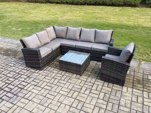 Fimous 7 Seater Rattan Garden Dining Set with Corner Sofa, Armchairs and Square Coffee Table in Dark Grey Mixed