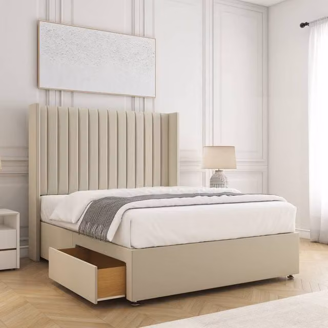 BSSPOKE Manhattan Small Double Divan Bed with 54 inch Plush Headboard and 2 Drawers in Beige