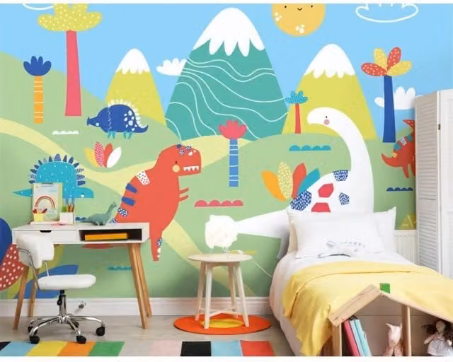Origin Murals Dinosaur Land Wall Mural in Green and Multicolour, W: 350 cm, H: 280 cm
