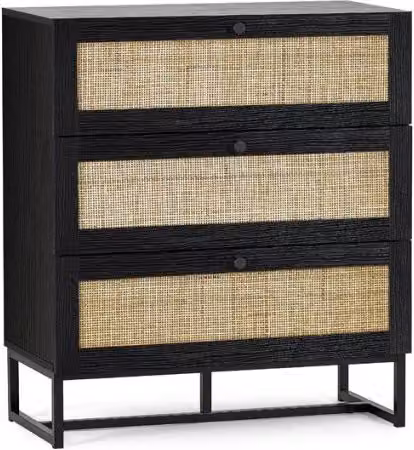 Julian Bowen Padstow 3 Drawer Chest in Black with Rattan Details, H 80 x W 40 x D 90 cm
