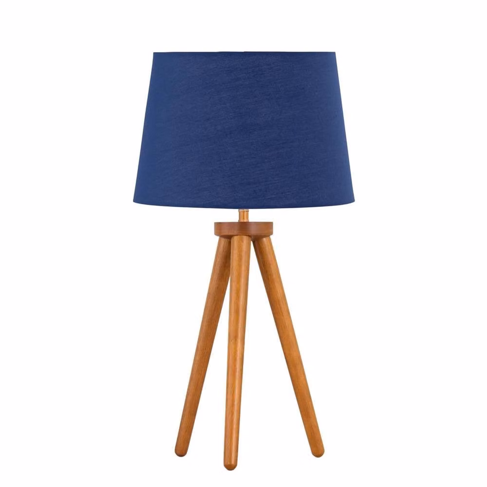 First Choice Lighting Set of 2 Dark Oak Table Lamps with Navy Blue Fabric Shades in Brown – 2