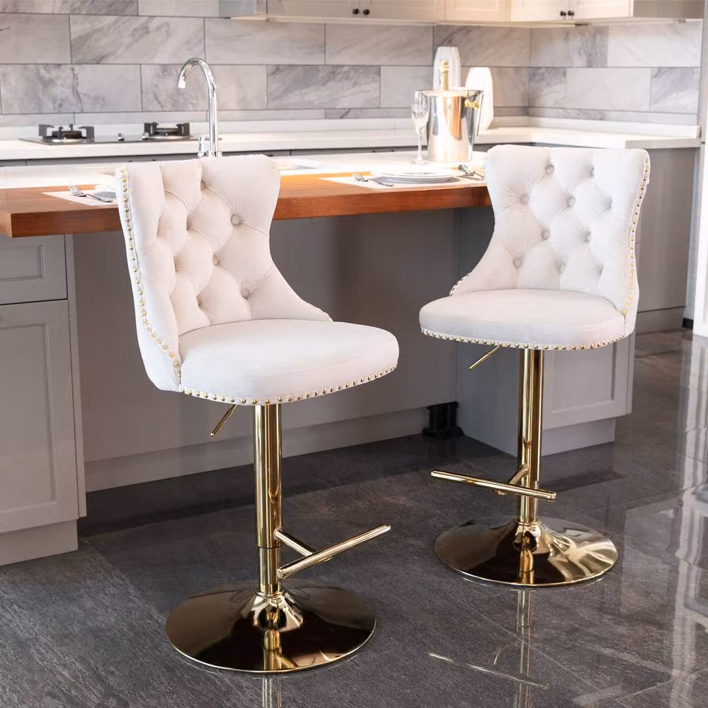 Modern Home Touch Set of 6 Luxury Velvet Adjustable Swivel Bar Stools with Gold Metal Base in Beige – 5