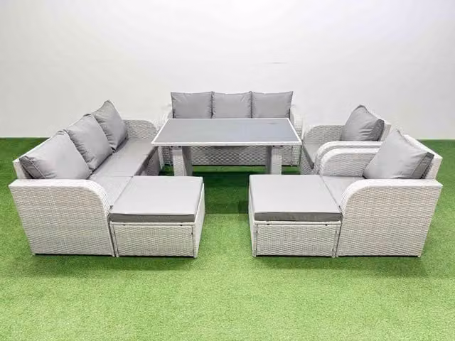 Fimous 10 Seater PE Rattan Outdoor Reclining Furniture Set in Light Grey