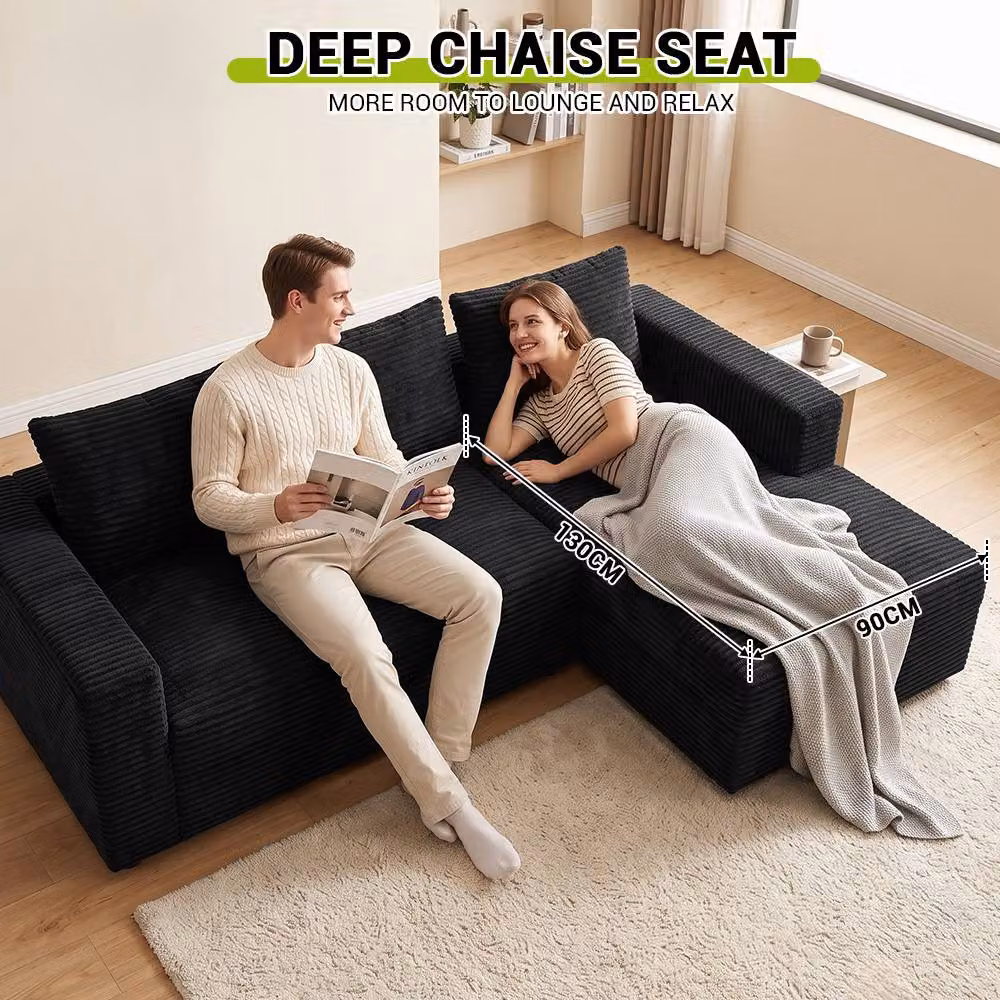 Gartistgo L-Shaped Corduroy Modular Sofa with Reversible Chaise in Black – 3