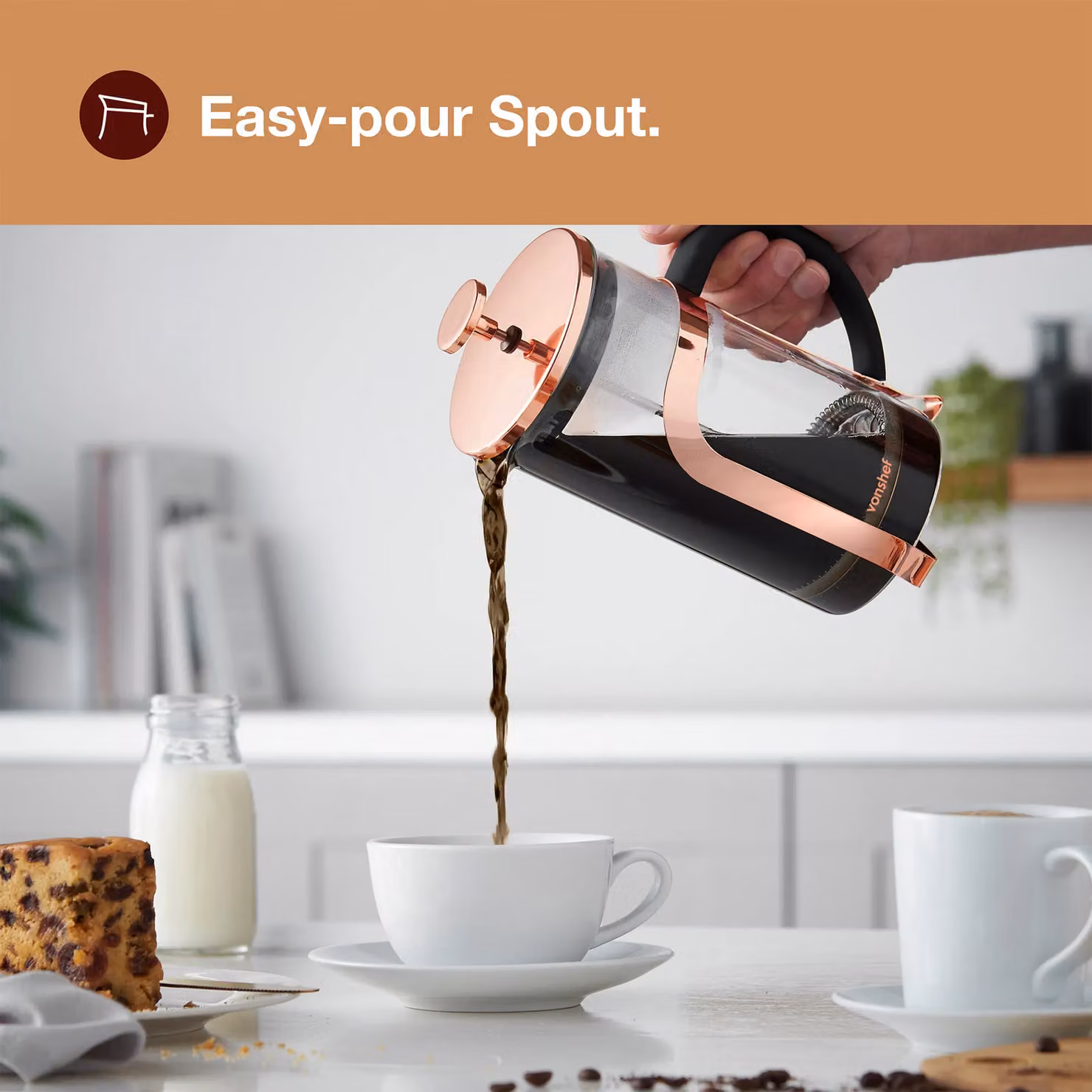 VonShef 1L Heat Resistant Glass French Press Cafetiere in Rose Gold – 2