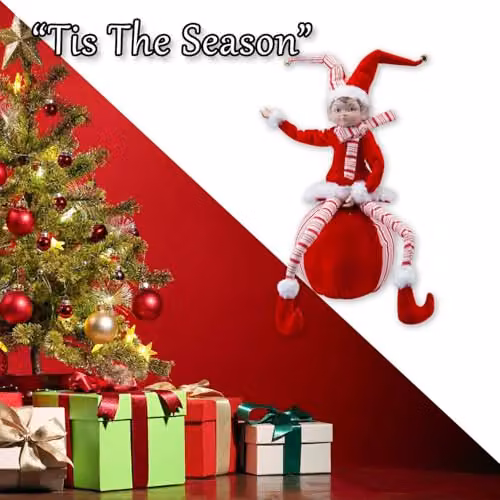 VFM e-Store Christmas Sitting Elf Tabletop Decoration, Red and White, H 62 cm x W 20 cm x D 20 cm – 5