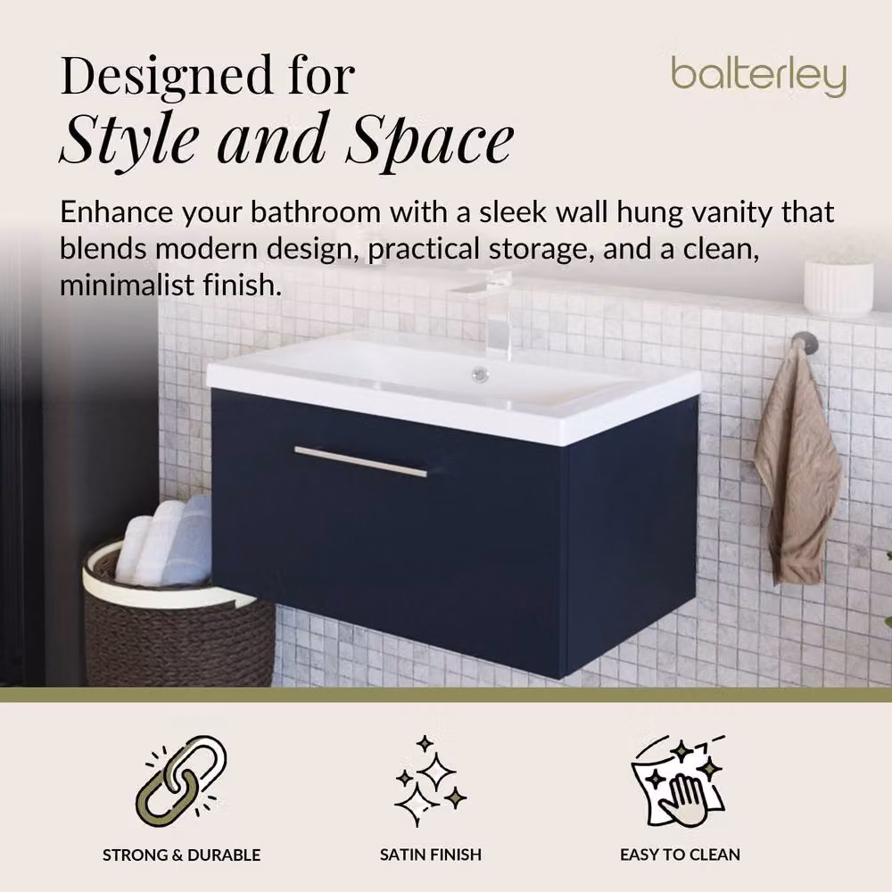Balterley Contemporary Wall Hung Bathroom Vanity Unit with Soft-Close Drawer and Mid-Edge Ceramic Basin, Midnight Blue – 2