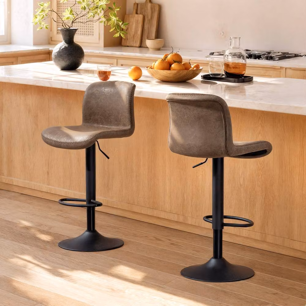 STILVORA Set of 2 Adjustable Bar Stools with Backrest and Footrest in Brown Synthetic Leather – 3