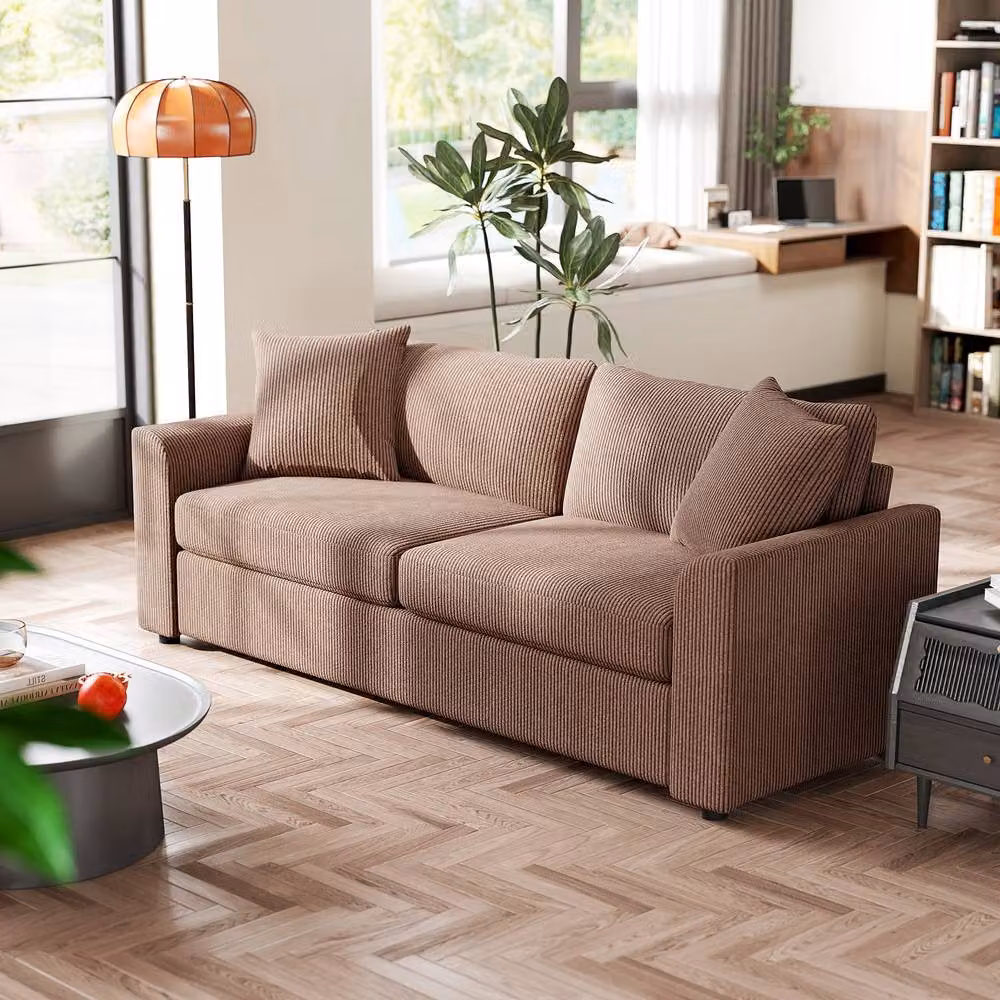 STILVORA 3 Seater Brown Corduroy Upholstered Sofa with Scatter Cushions, W: 212 cm, H: 88 cm, D: 80 cm – 3