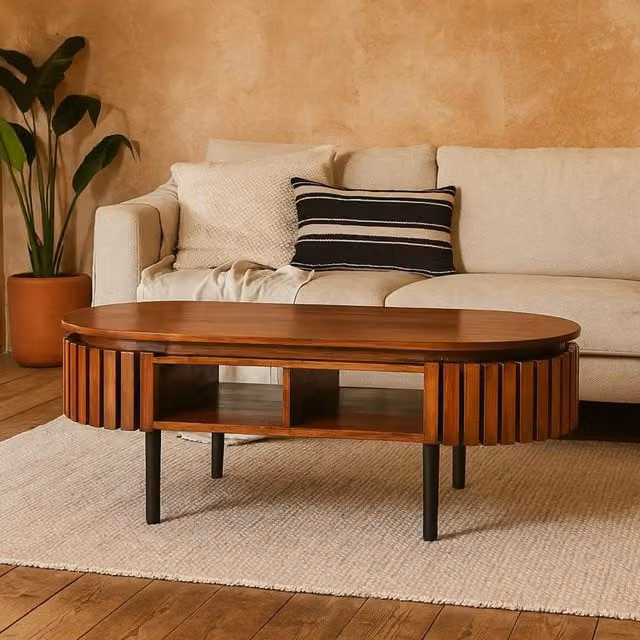 Wyld Haus Birmingham Slatted Mango Wood Rectangular Coffee Table with Storage Shelf in Brown – 1