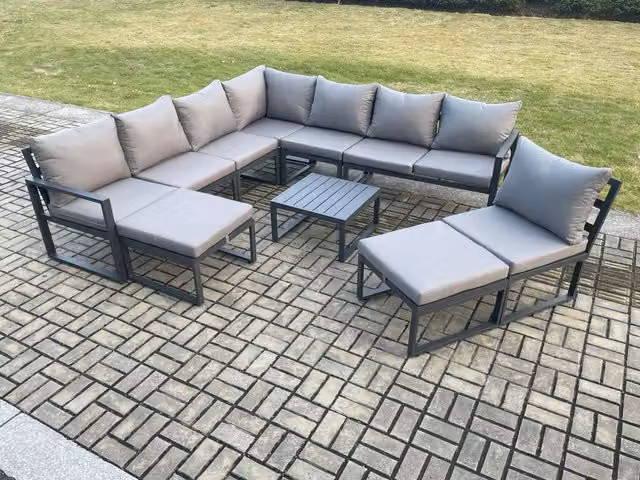 Fimous 10 Seater Aluminium Outdoor Garden Furniture Set in Dark Grey with L-Shape Corner Sofa, Square Coffee Table and 2 Large Footstools