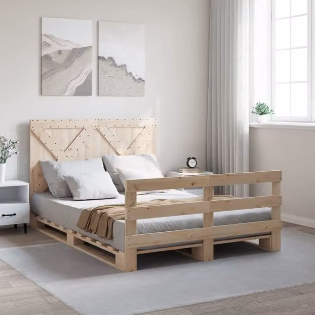 Berkfield Home Solid Wood Pine Bed Frame with Headboard in Brown, W/D/H: 140 x 200 cm – 1