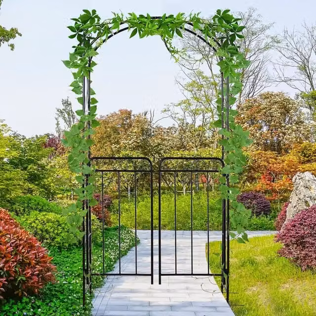 Outsunny Metal Decorative Backyard Arch with Gate and Trellis, Matte Black, H: 215 cm, W: 108 cm
