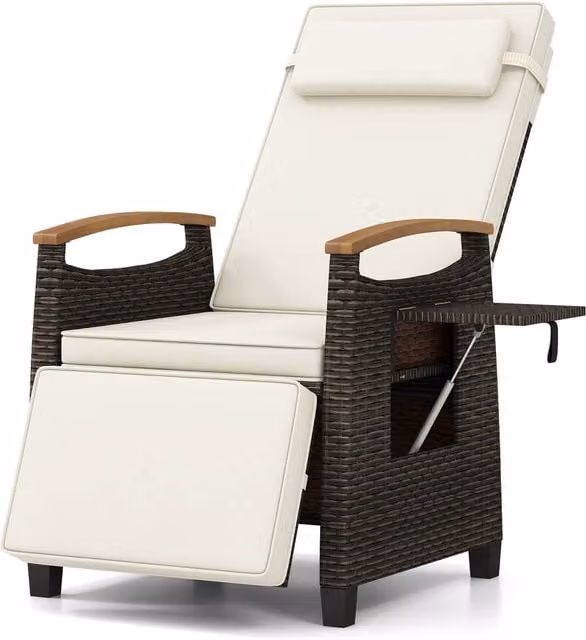 Costway White Polyrattan Adjustable Patio Recliner with Armrests and Side Tray