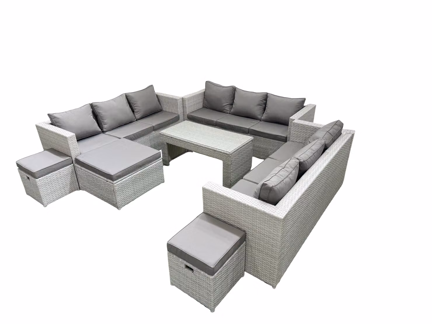 Fimous 12 Seater Rattan Garden Furniture Set with Oblong Coffee Table and 3 Footstools in Light Grey – 2