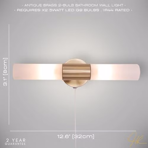 Happy Homewares Modern Gold Brass IP44 Rated Bathroom Wall Light Fitting with White Cylinder Glass Shades and Pull Chain, W/D/H: 32 x 10 x 8 cm – 3