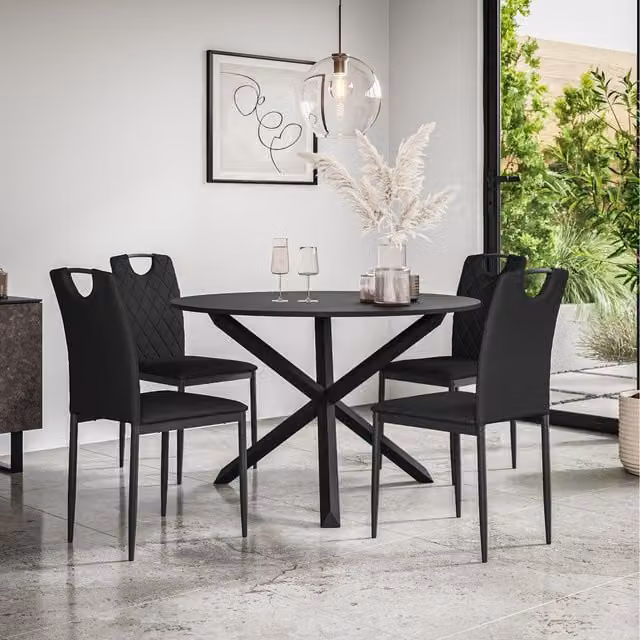 More4Homes Malvern Round Black Dining Table Set with 4 Monza Chairs and Black Oak Legs