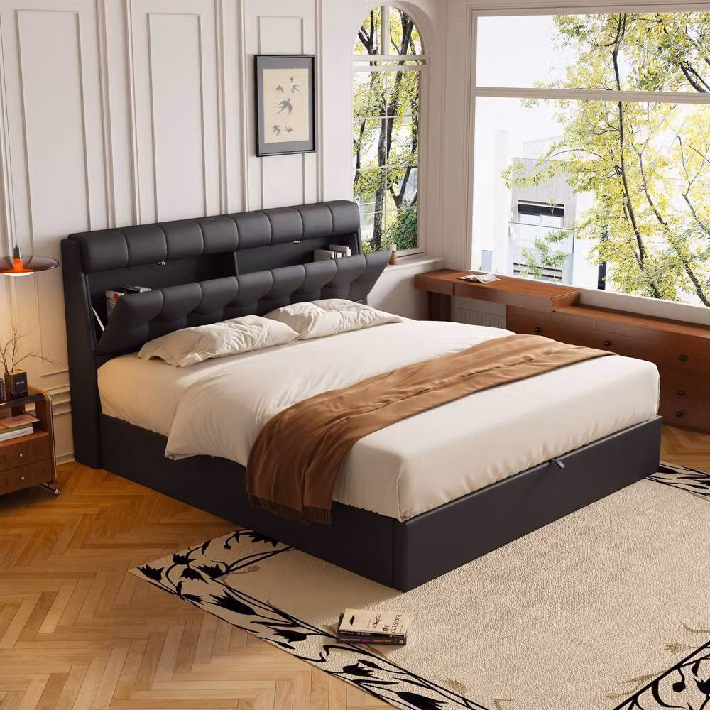 ModernLuxe Upholstered Double Bed with Hydraulic Storage and Headboard in Black Synthetic Leather, W/D/H: 140 x 200 x 135 cm – 4