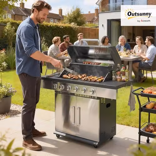 Outsunny 6 Burner Propane Gas BBQ Grill with Warming Rack, Thermometer and Wheels, Silver – 2