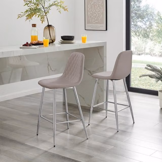 FurnitureboxUK Corona Set of 2 Faux Leather Counter Stools with Silver Metal Legs in Beige