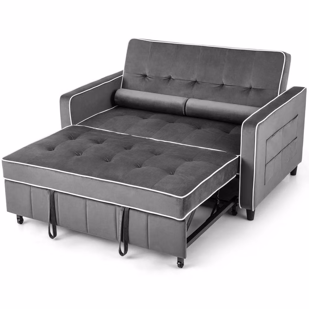 Gymax 3-in-1 Convertible Pull Out Sofa Bed in Grey Velvet Fabric with Metal Frame – 5