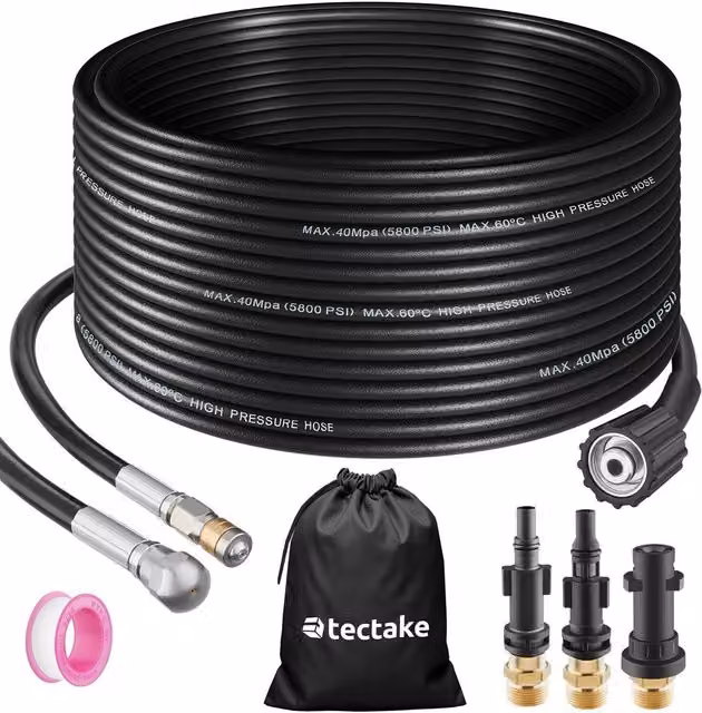 tectake Pipe Cleaning Hose Set with Stainless Steel Nozzles and Adapters, Black, 30m – 9