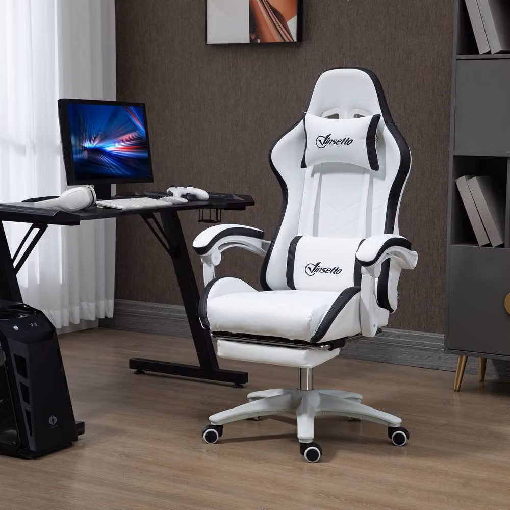 ERGOVEXA White Synthetic Leather Computer Gaming Chair with Headrest and Swivel Wheels – 4