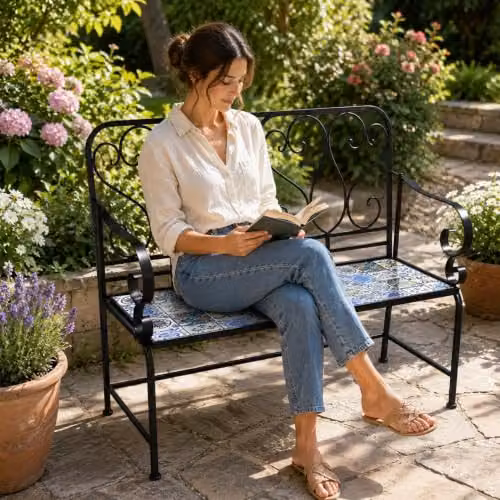 SHATCHI Lisbon 2 Seater Mosaic Garden Bench with Metal Frame and Glossy Geometric Ceramic Tile Seat, W: 112 cm, H: 96 cm, D: 47 cm – 7
