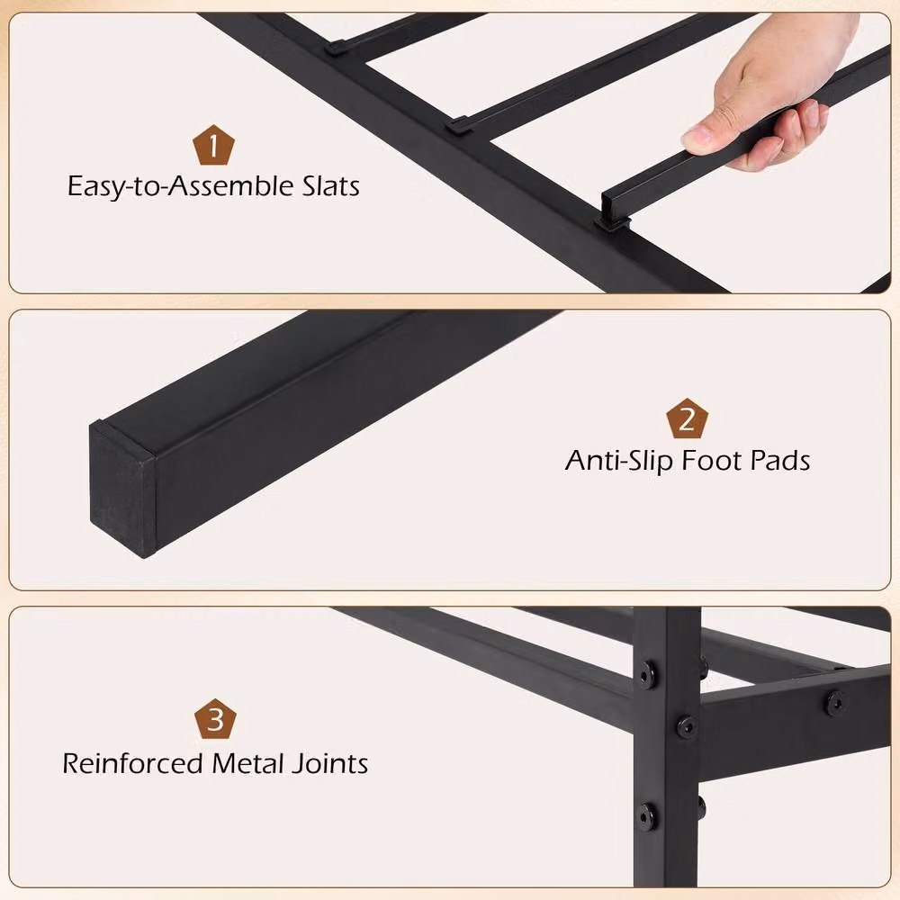 Gymax Single Bed Frame with Upholstered Headboard and Metal Slats, Black, 90 x 200 cm – 3