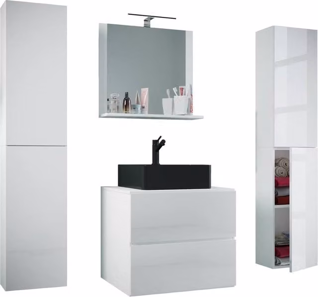 VCM Lendas XL 5-Piece White Glossy Bathroom Furniture Set with Washbasin, Vanity Unit, Mirror Cabinet and Tall Cabinet – 1