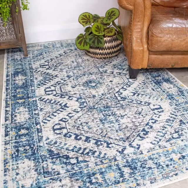 Kukoon Navy Blue and Grey Geometric Medallion Rectangular Rug, W: 80 cm, L: 150 cm