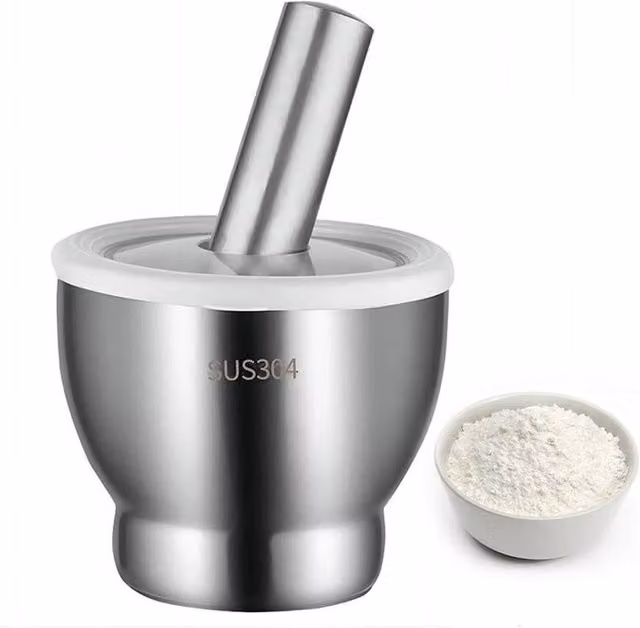 FLAVORA Silver Stainless Steel Garlic Mortar and Pestle Manual Crusher and Grinder with Anti-Splash Lid, Diameter: 10 cm – 1