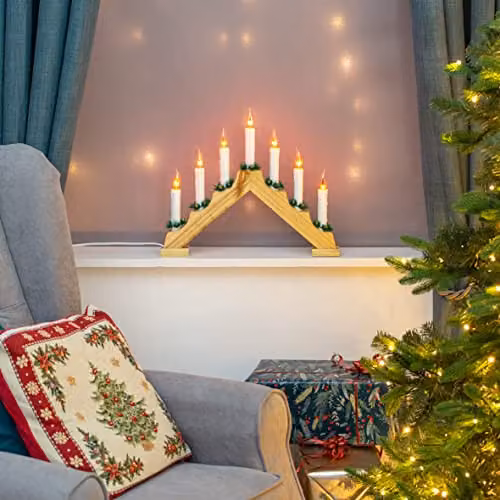The Christmas Workshop Wooden Christmas Candle Bridge in Pine Wood Finish with Flickering Orange Flames, W/D/H: 40 x 33 x 5 cm – 2