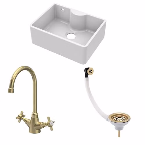 Balterley White Ceramic Butler Sink Single Bowl with Mono Crosshead Mixer Tap and Waste in White and Brushed Brass