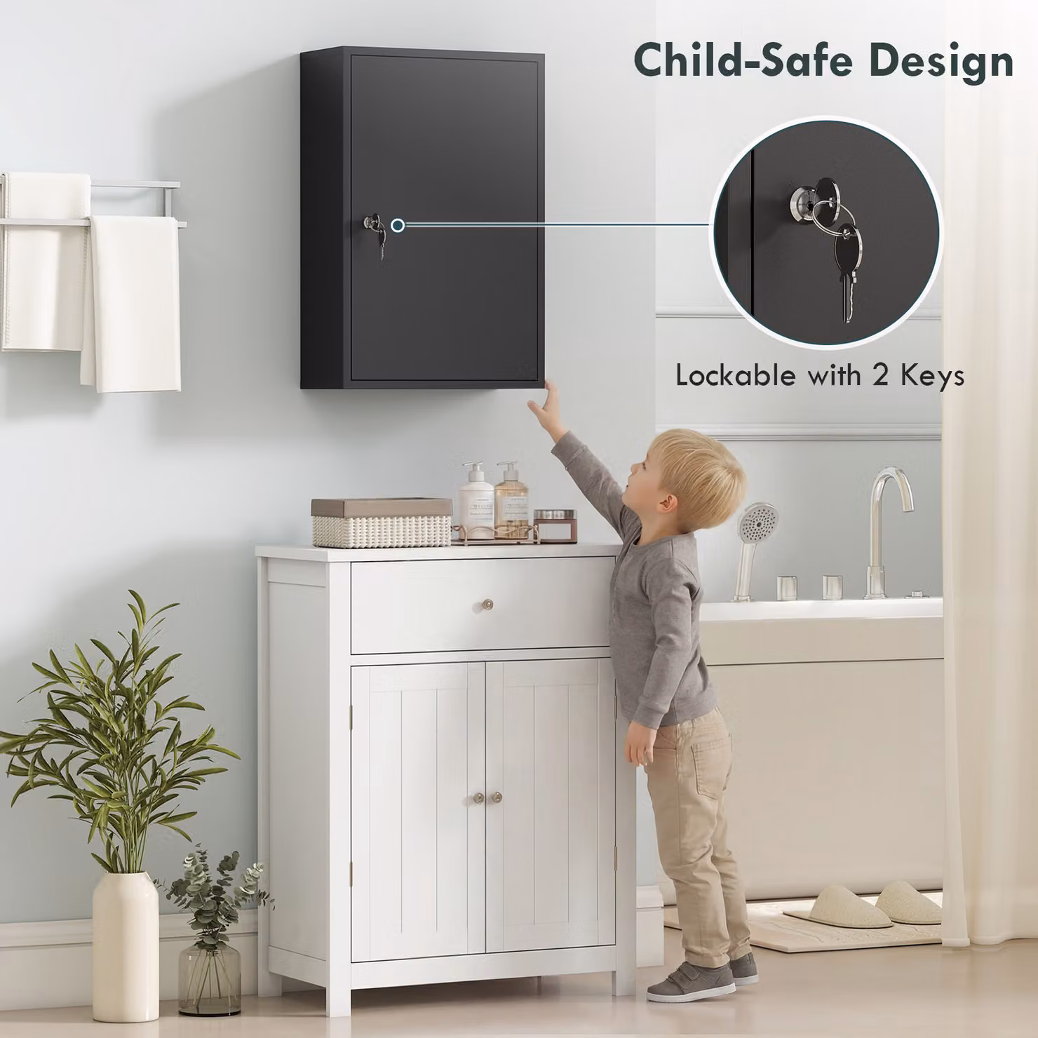 kleankin Lockable 3-Tier Steel Wall Mount Medicine Cabinet with Internal Shelves and Hinged Doors, Black – 4