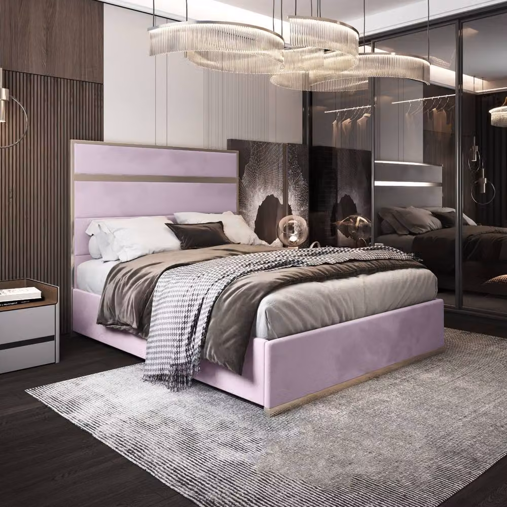 Casani Flookburgh Upholstered Velvet Designer Bed Frame in Pink, W/D/H: 180 x 137 x 189 cm – 2