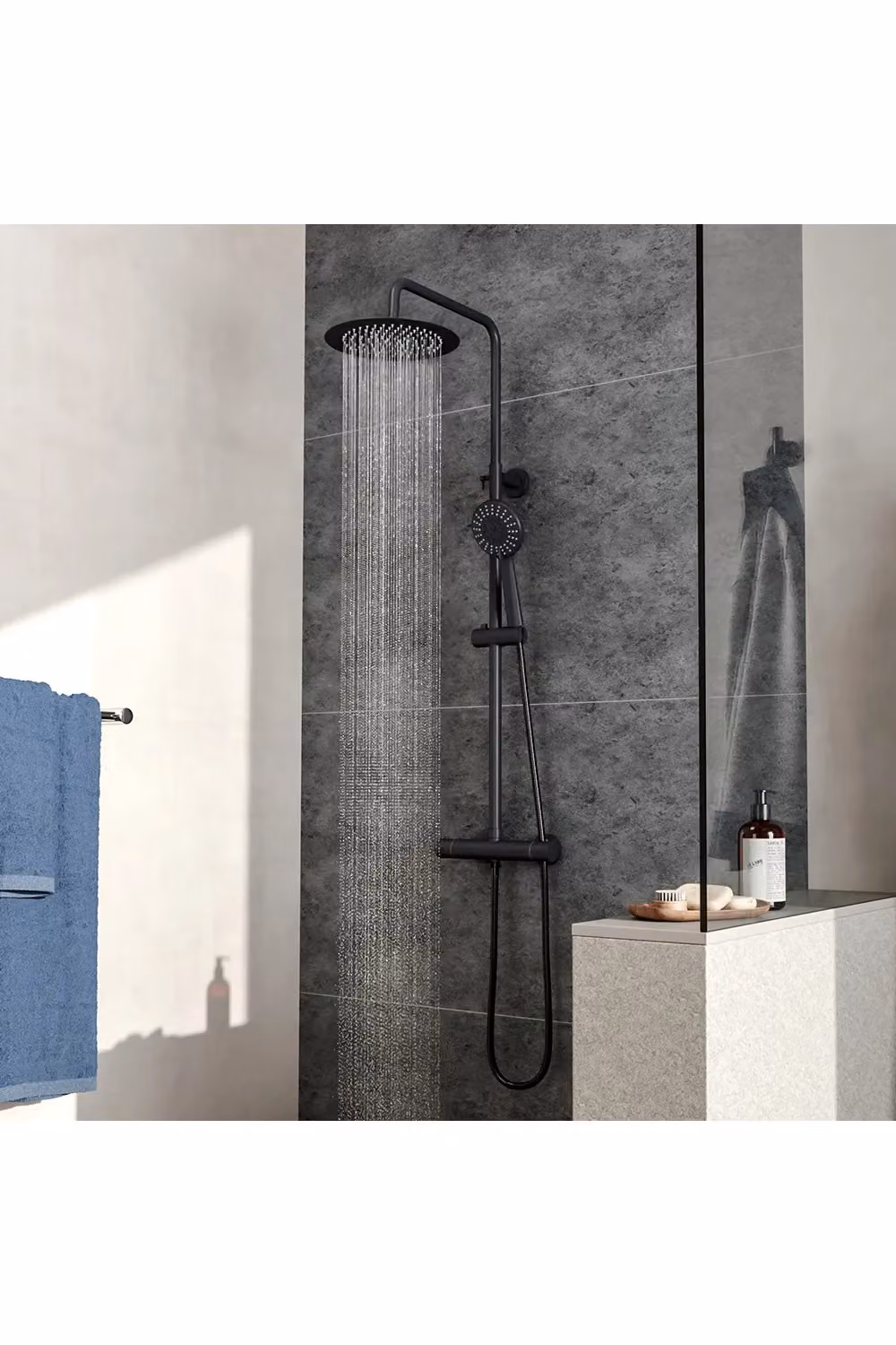 Living and Home Stainless Steel Triple Function Wall Mounted Shower Faucet Set with Overhead and Hand Shower in Matt Black – 2