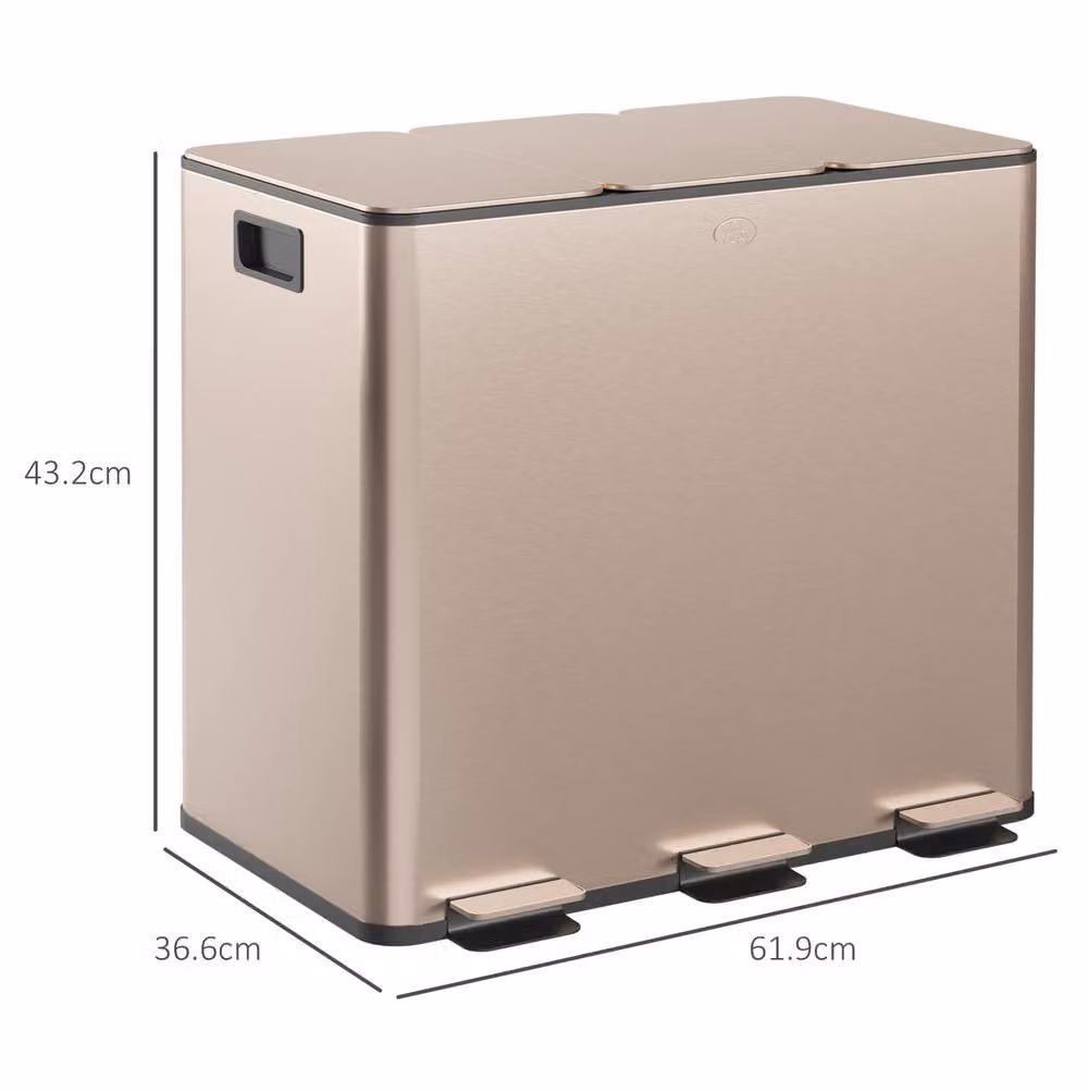 STILVORA Triple 45L Kitchen Pedal Bin with Soft-Close Lid and Odour Filter in Gold Stainless Steel – 2