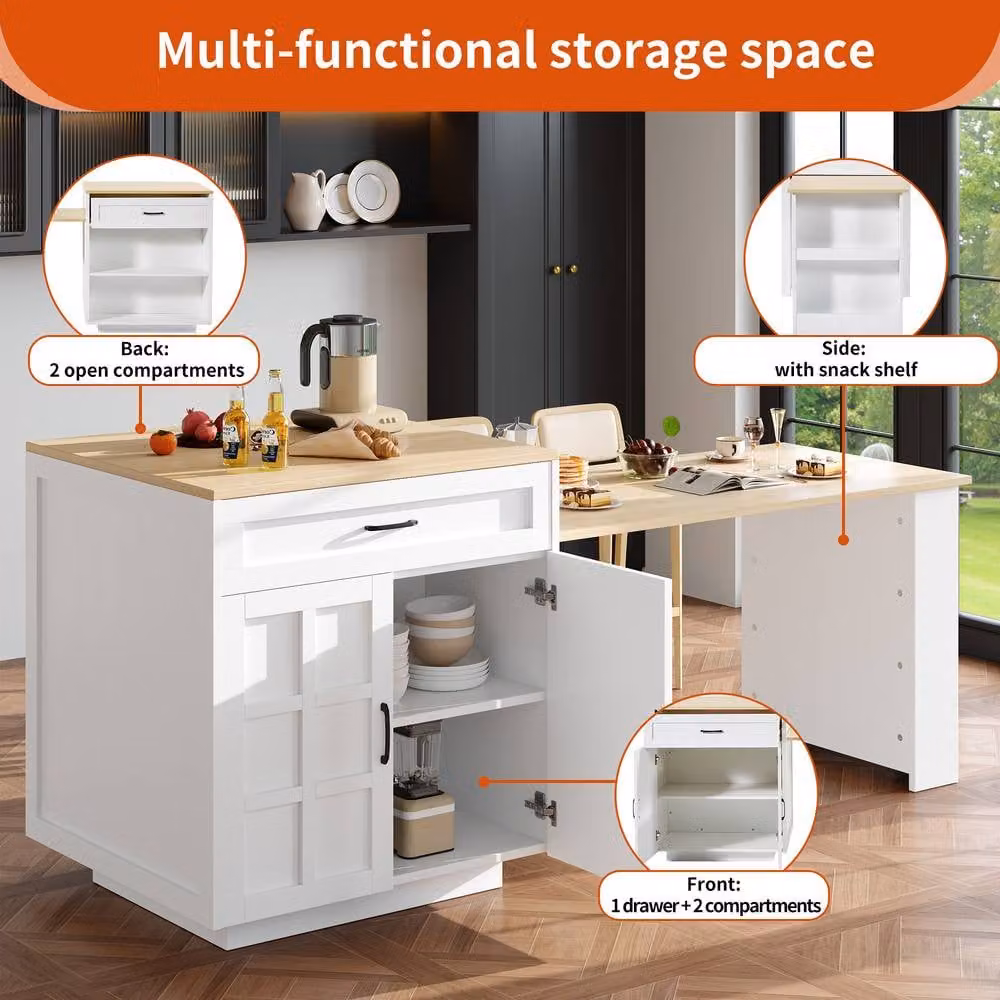 Merax Extendable Kitchen Island with Pull-Out Dining Table and Dual-Side Drawers in White – 4