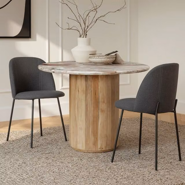 IH Design Ajmer Round Real Marble Dining Table with Wooden Pedestal Base in Tan, Diameter: 100 cm