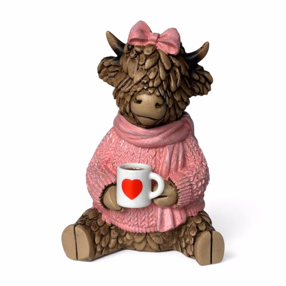 Animal Crackers Hughie Highland Cow Collectable Figurine with Holly and Teacup, Brown and Pink, H 11.0 cm x W 7.5 cm x D 7.5 cm – 2