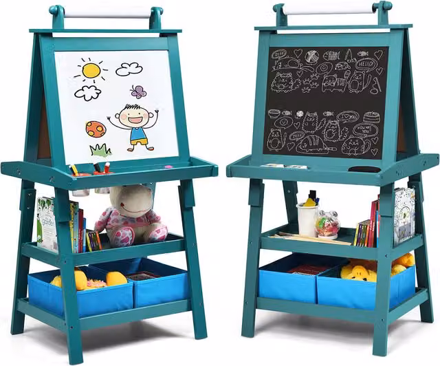 Costway Blue Kids Art Easel with Whiteboard and Paper Holder