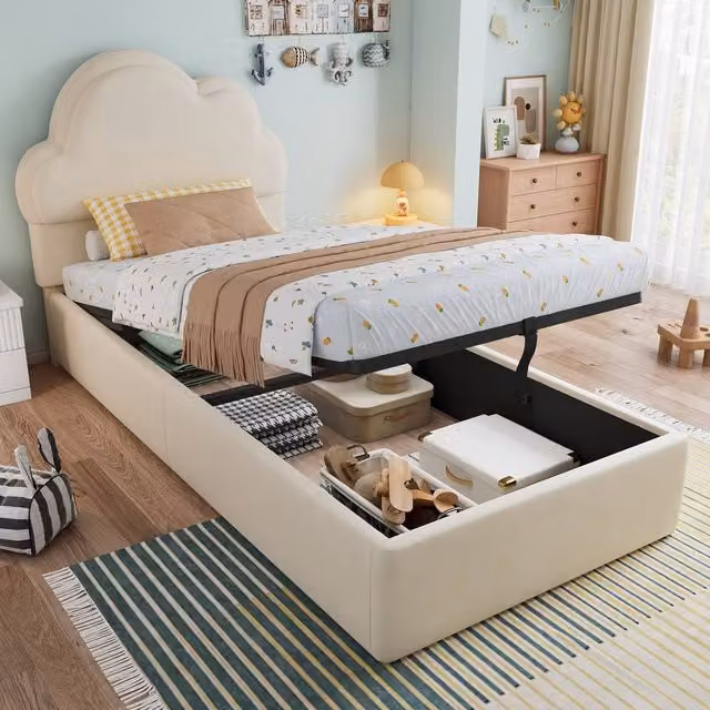 ModernLuxe Velvet Single Ottoman Bed with Hydraulic Storage and Cloud Headboard, Beige, W/D/H: 90 x 190 x 113 cm