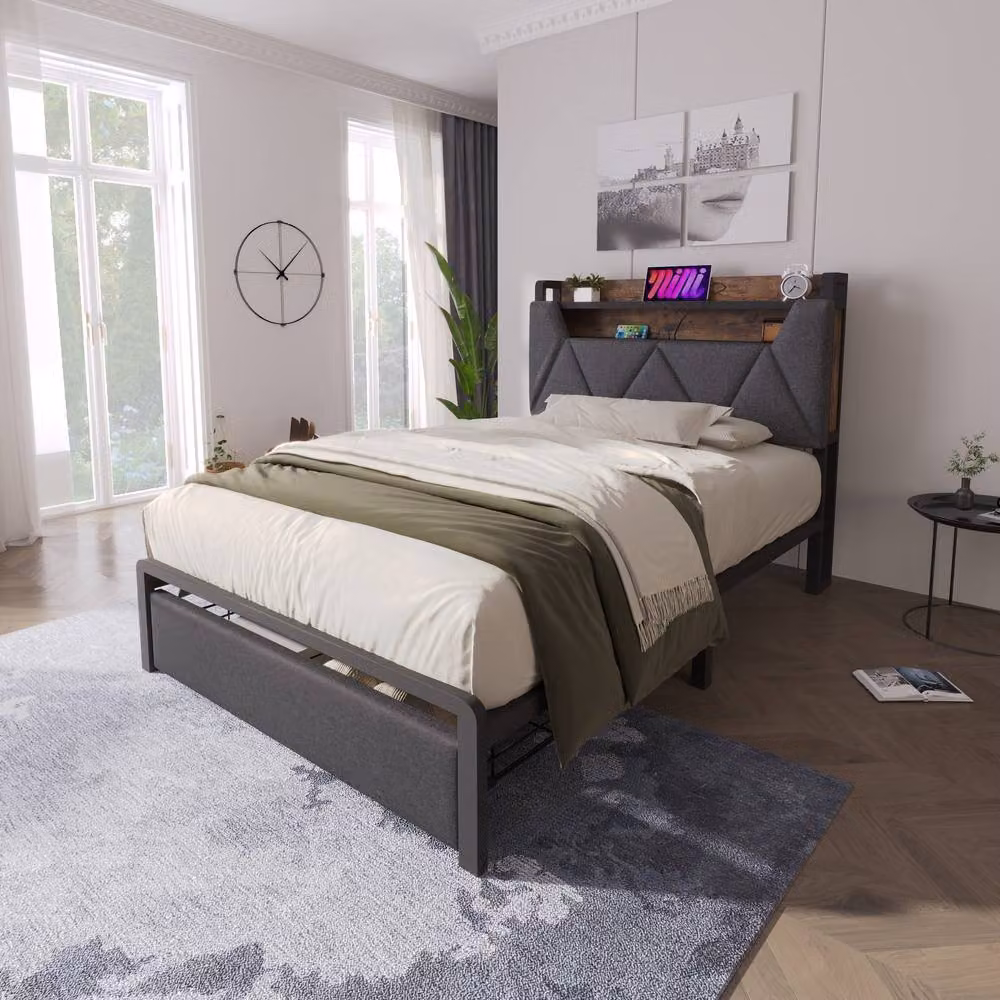 Merax Grey Upholstered Double Storage Bed with LED Under-Bed Lighting, USB Charging Ports and Drawers, W/D/H: 140 x 200 x 135 cm – 6