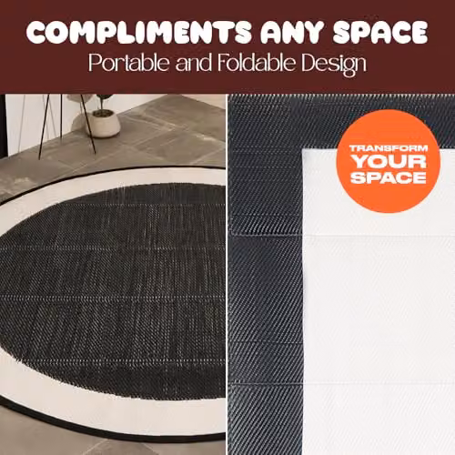 OHS Contrast Border Round Outdoor Garden Rug, Black and Multicolour, Diameter: 170 cm – 2