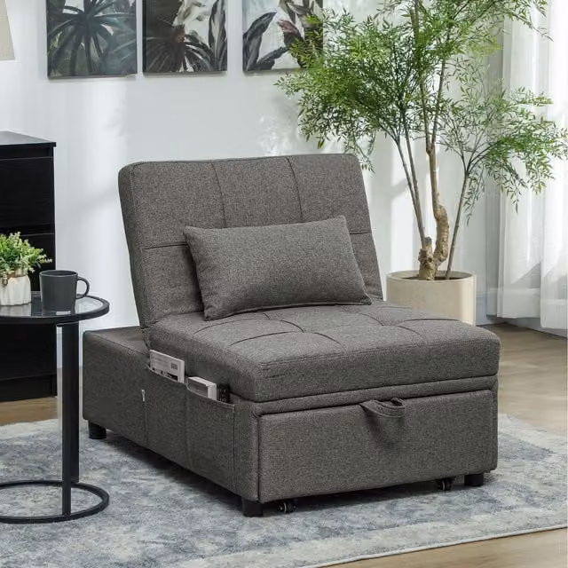 HOMCOM 4-in-1 Sleeper Chair Bed, Modern Fabric Pull Out Single Bed in Grey