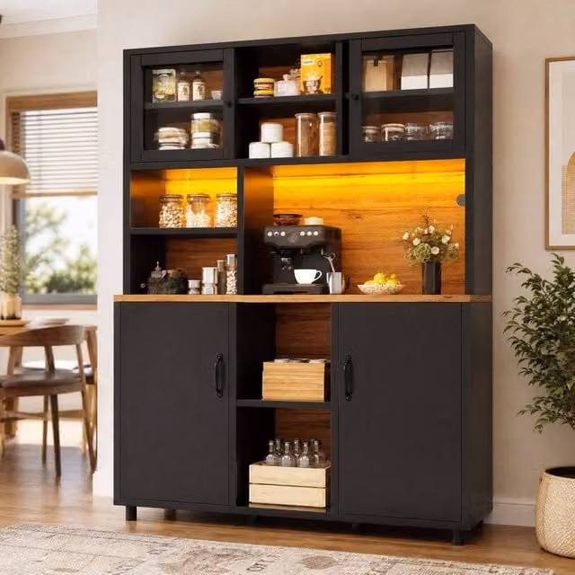 STILVORA Black Modern Freestanding Cabinet with LED Lighting and Sliding Glass Doors H 185.0 cm x W 140.0 cm – 1